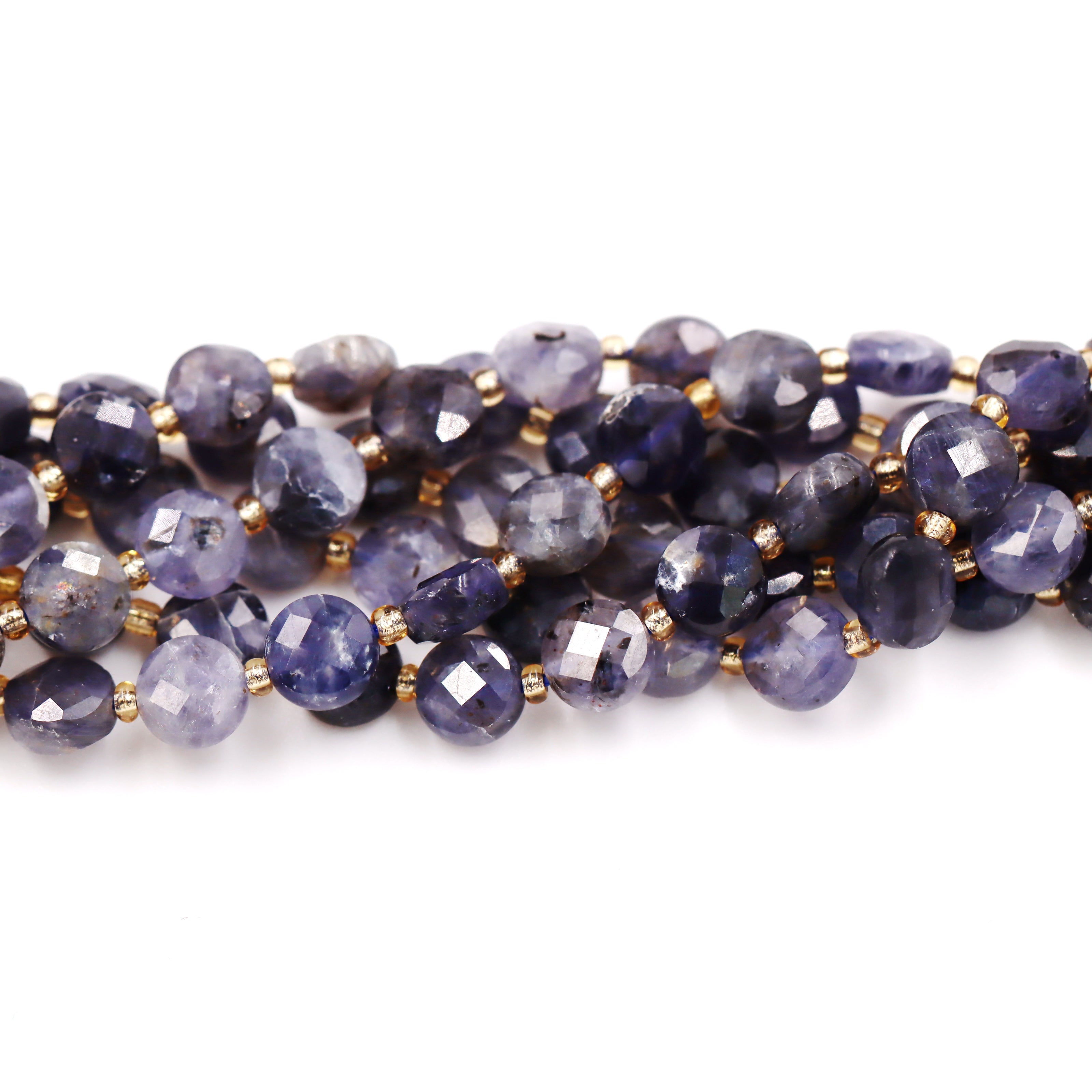 Malahill faceted flat round stone beads for jewelry making, sold per bag 5 strands inside, Iolite beads