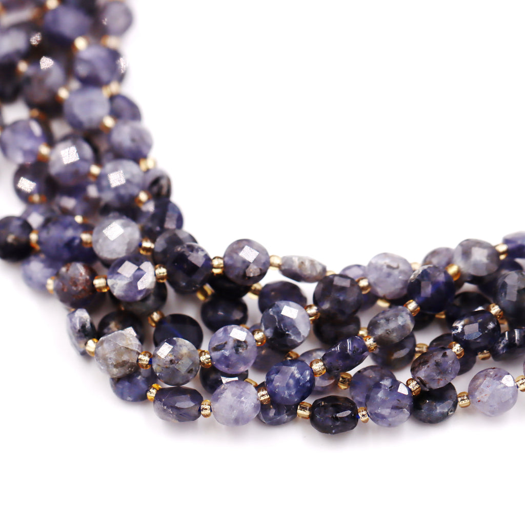 Malahill faceted flat round stone beads for jewelry making, sold per bag 5 strands inside, Iolite beads