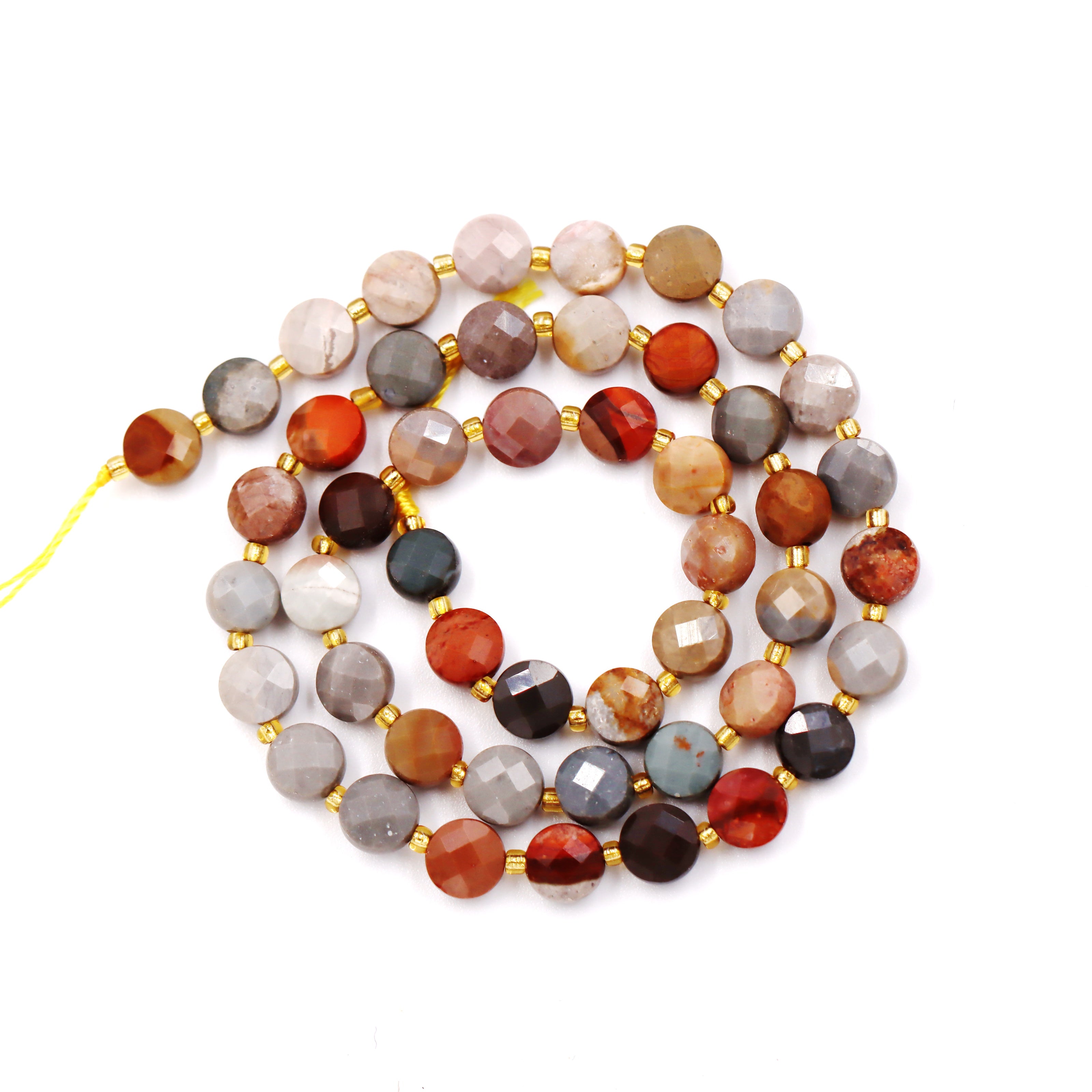 Malahill faceted flat round stone beads for jewelry making, sold per bag 5 strands inside, Ocean Jasper beads