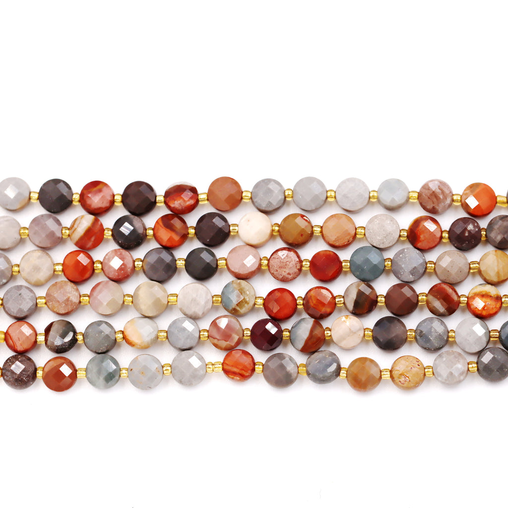 Malahill faceted flat round stone beads for jewelry making, sold per bag 5 strands inside, Ocean Jasper beads