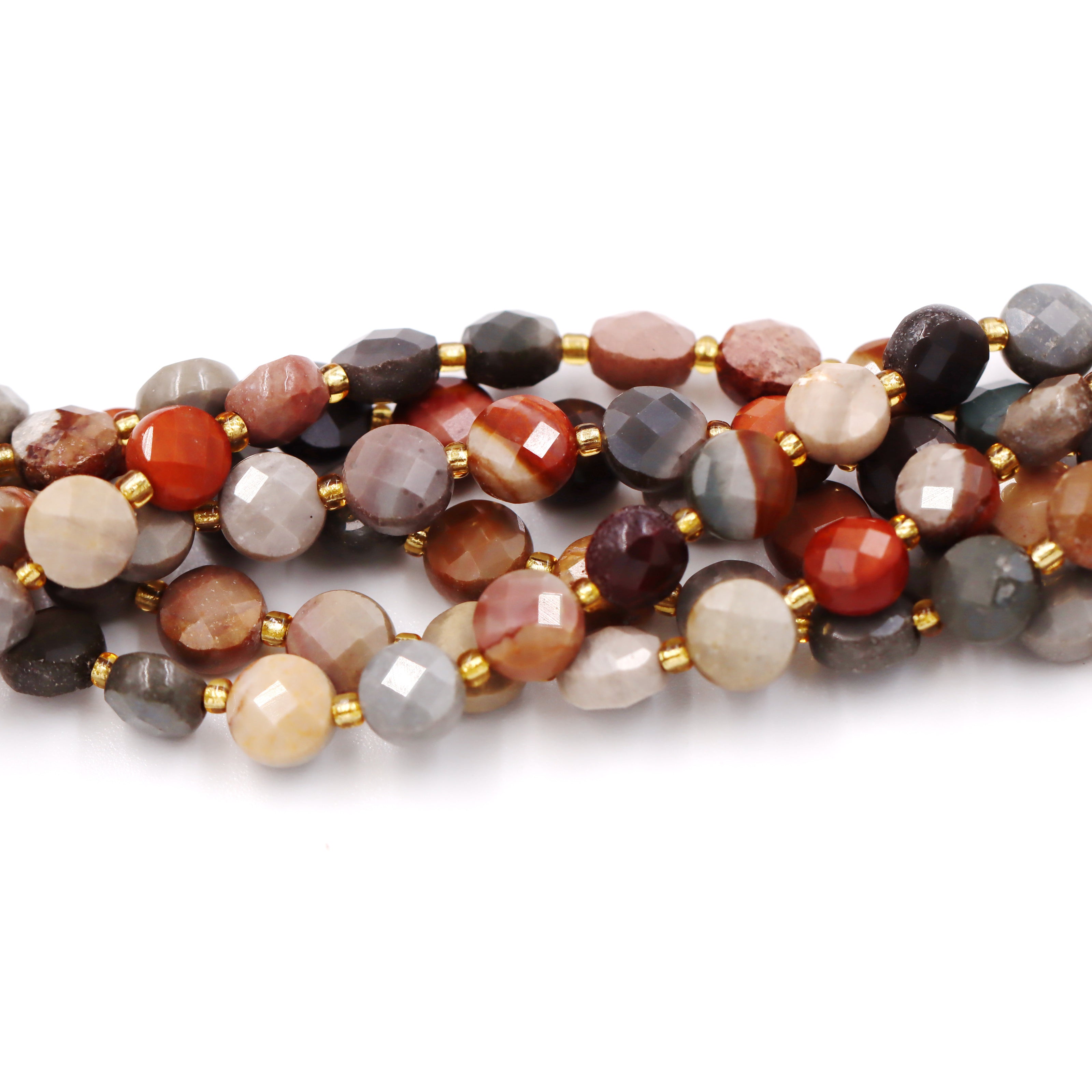 Malahill faceted flat round stone beads for jewelry making, sold per bag 5 strands inside, Ocean Jasper beads