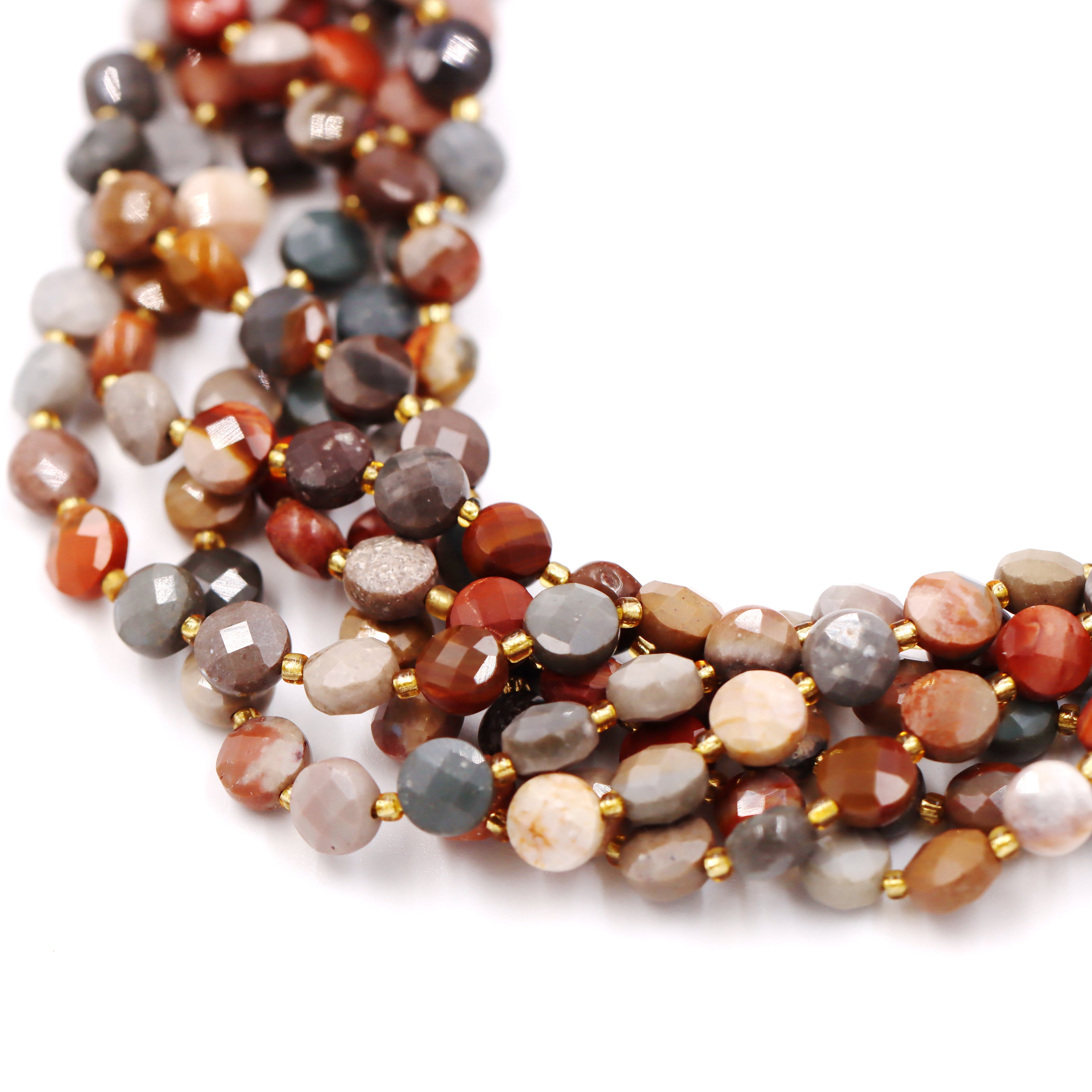 Malahill faceted flat round stone beads for jewelry making, sold per bag 5 strands inside, Ocean Jasper beads