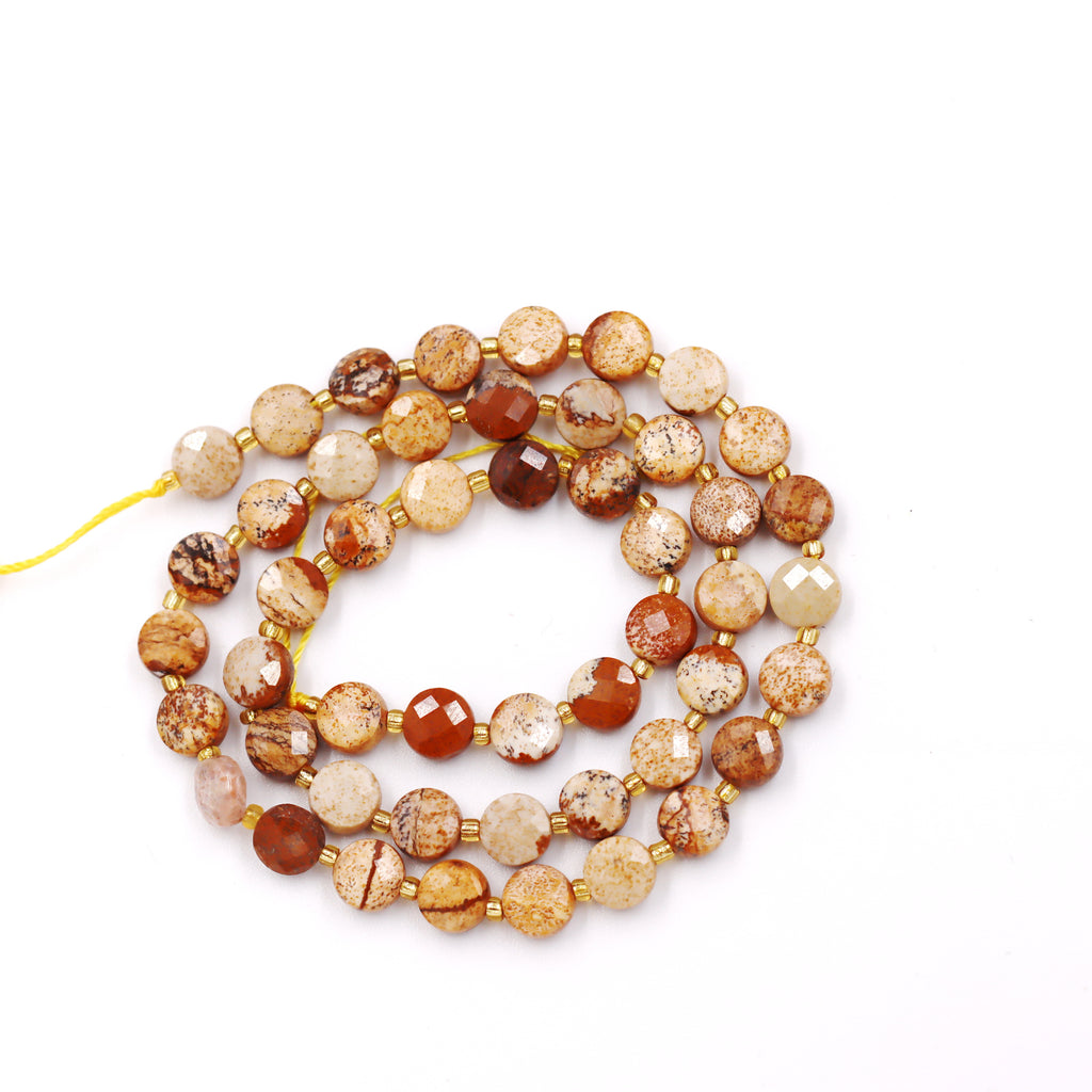 Malahill faceted flat round stone beads for jewelry making, sold per bag 5 strands inside, Picture Jasper beads