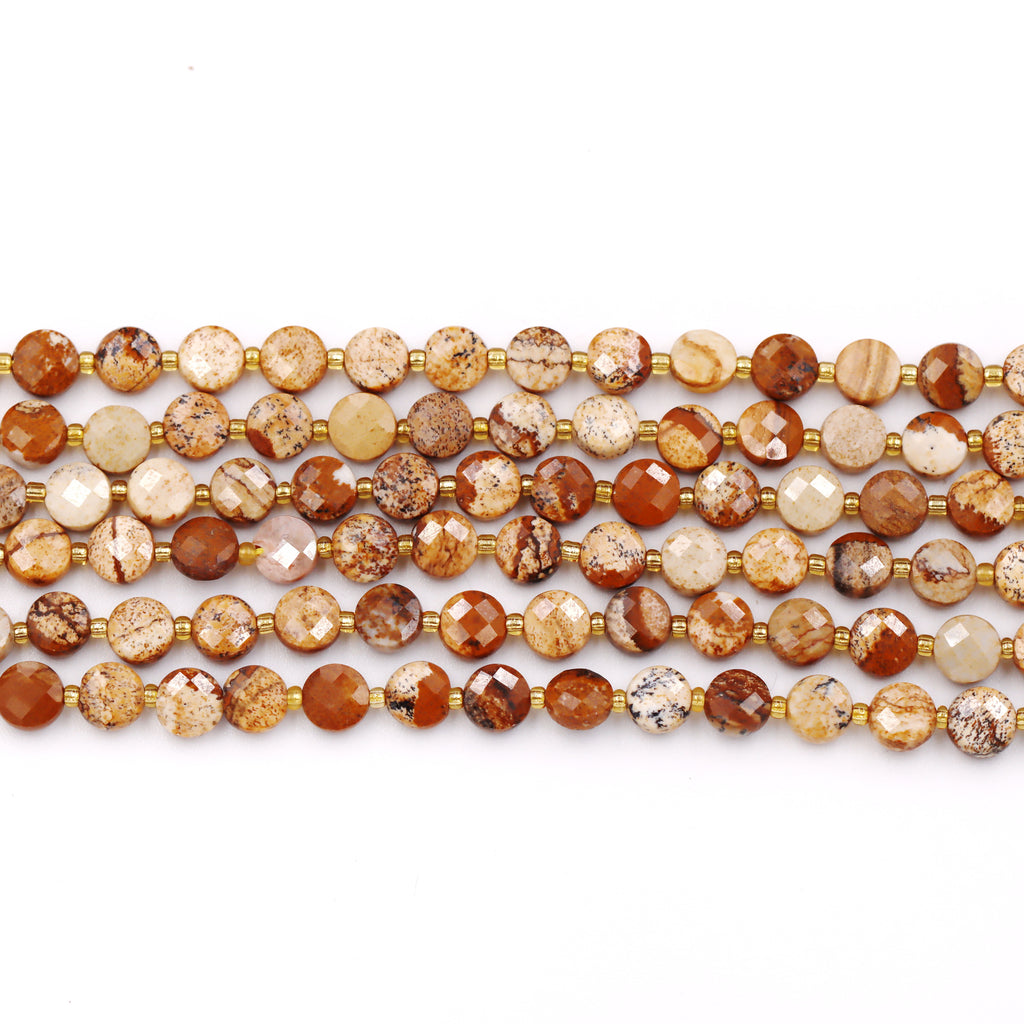 Malahill faceted flat round stone beads for jewelry making, sold per bag 5 strands inside, Picture Jasper beads