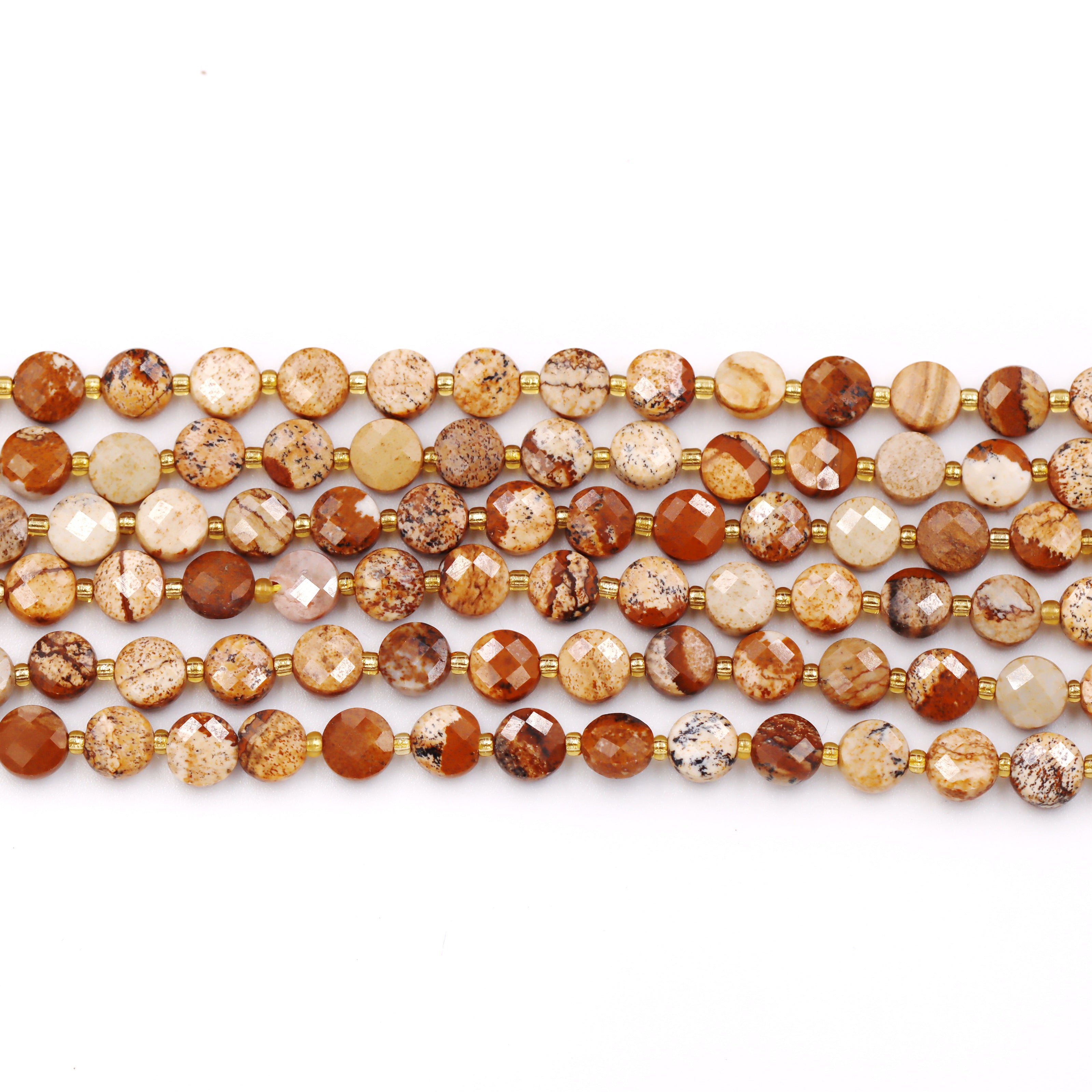 Malahill faceted flat round stone beads for jewelry making, sold per bag 5 strands inside, Picture Jasper beads