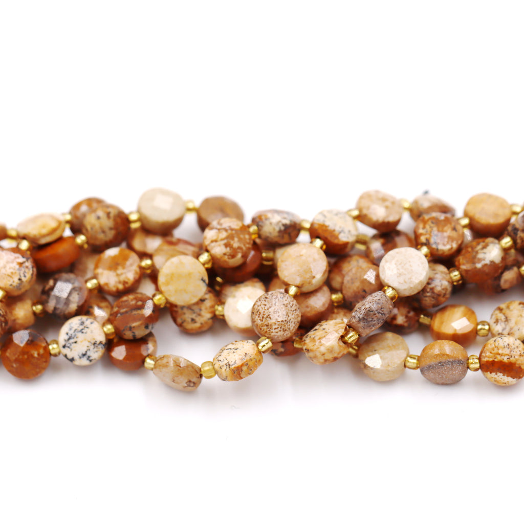 Malahill faceted flat round stone beads for jewelry making, sold per bag 5 strands inside, Picture Jasper beads