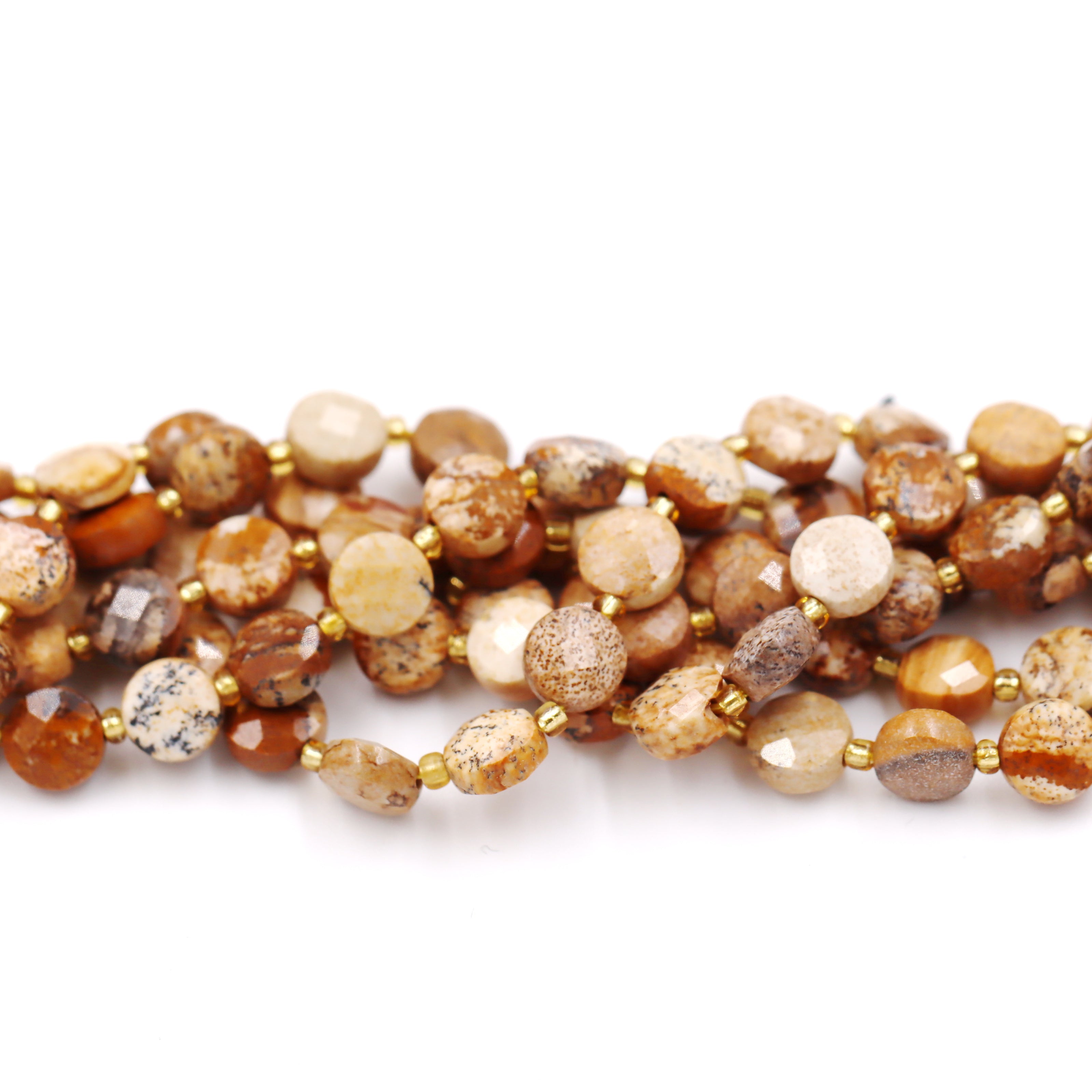 Malahill faceted flat round stone beads for jewelry making, sold per bag 5 strands inside, Picture Jasper beads