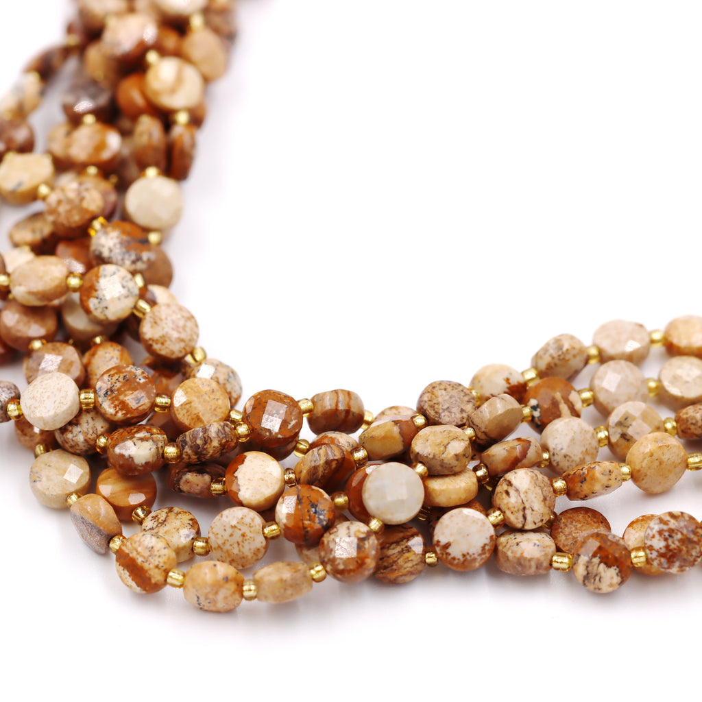 Malahill faceted flat round stone beads for jewelry making, sold per bag 5 strands inside, Picture Jasper beads