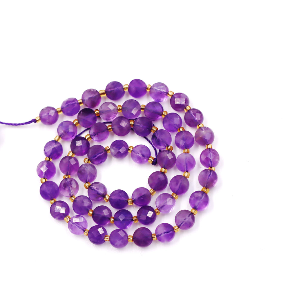 Malahill faceted flat round stone beads for jewelry making, sold per bag 5 strands inside, Amethyst A beads