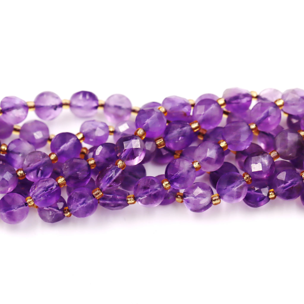 Malahill faceted flat round stone beads for jewelry making, sold per bag 5 strands inside, Amethyst A beads