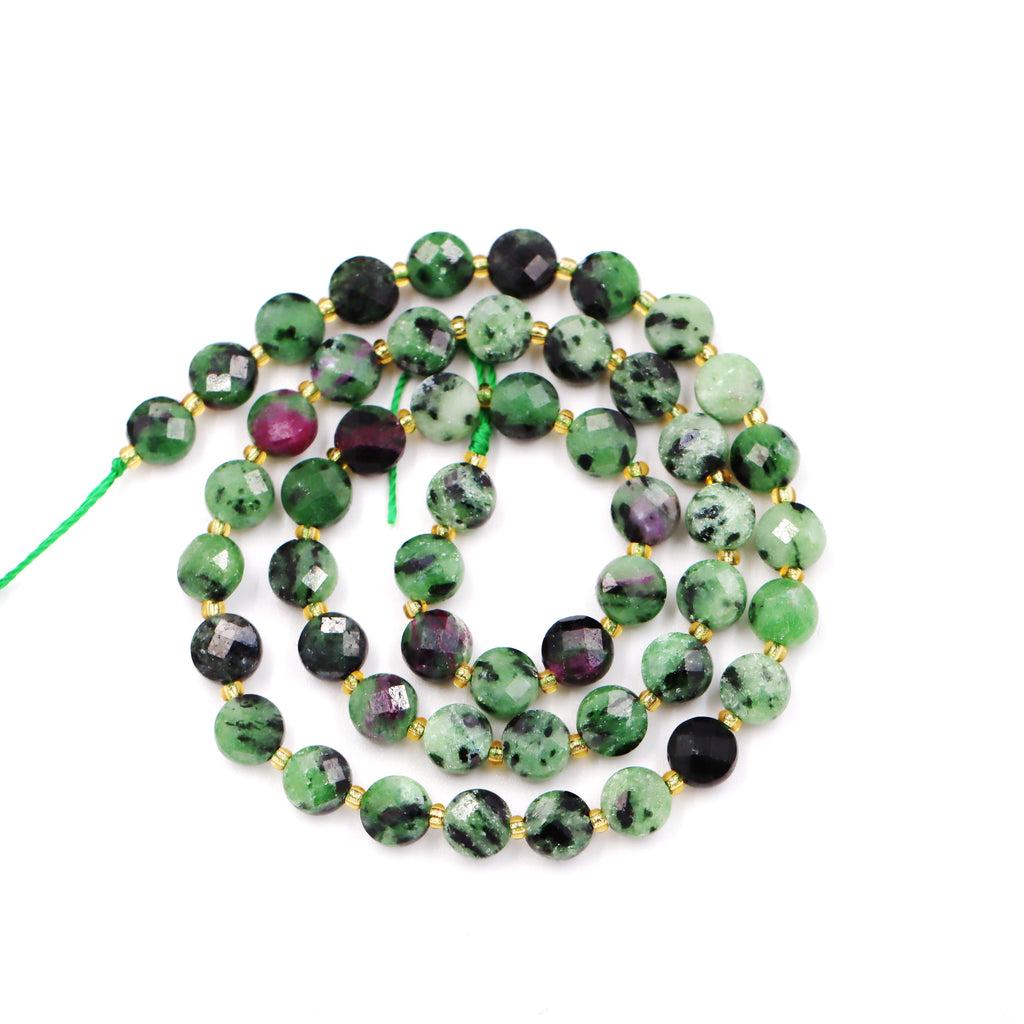 Malahill faceted flat round stone beads for jewelry making, sold per bag 5 strands inside, Ruby Zurite beads