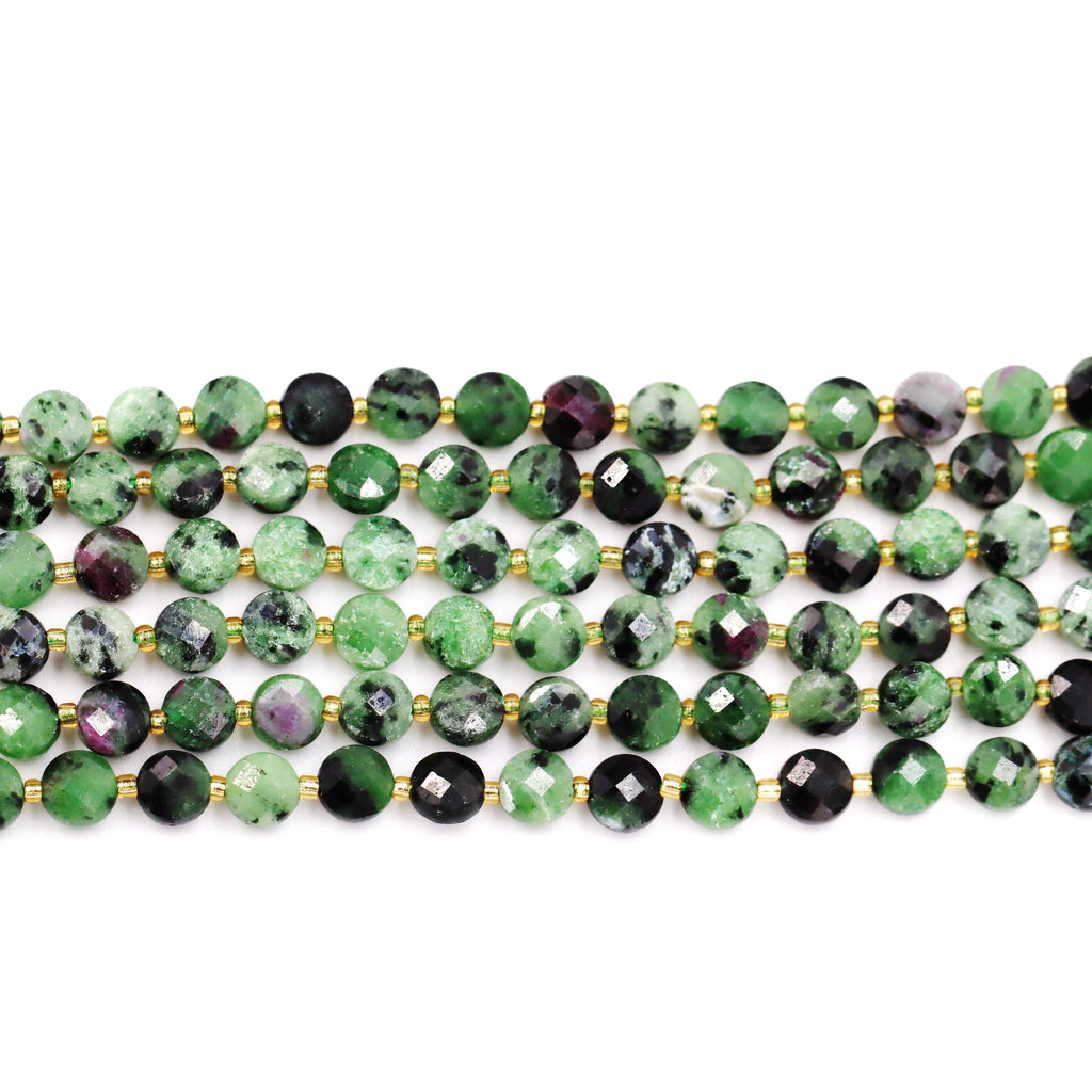 Malahill faceted flat round stone beads for jewelry making, sold per bag 5 strands inside, Ruby Zurite beads