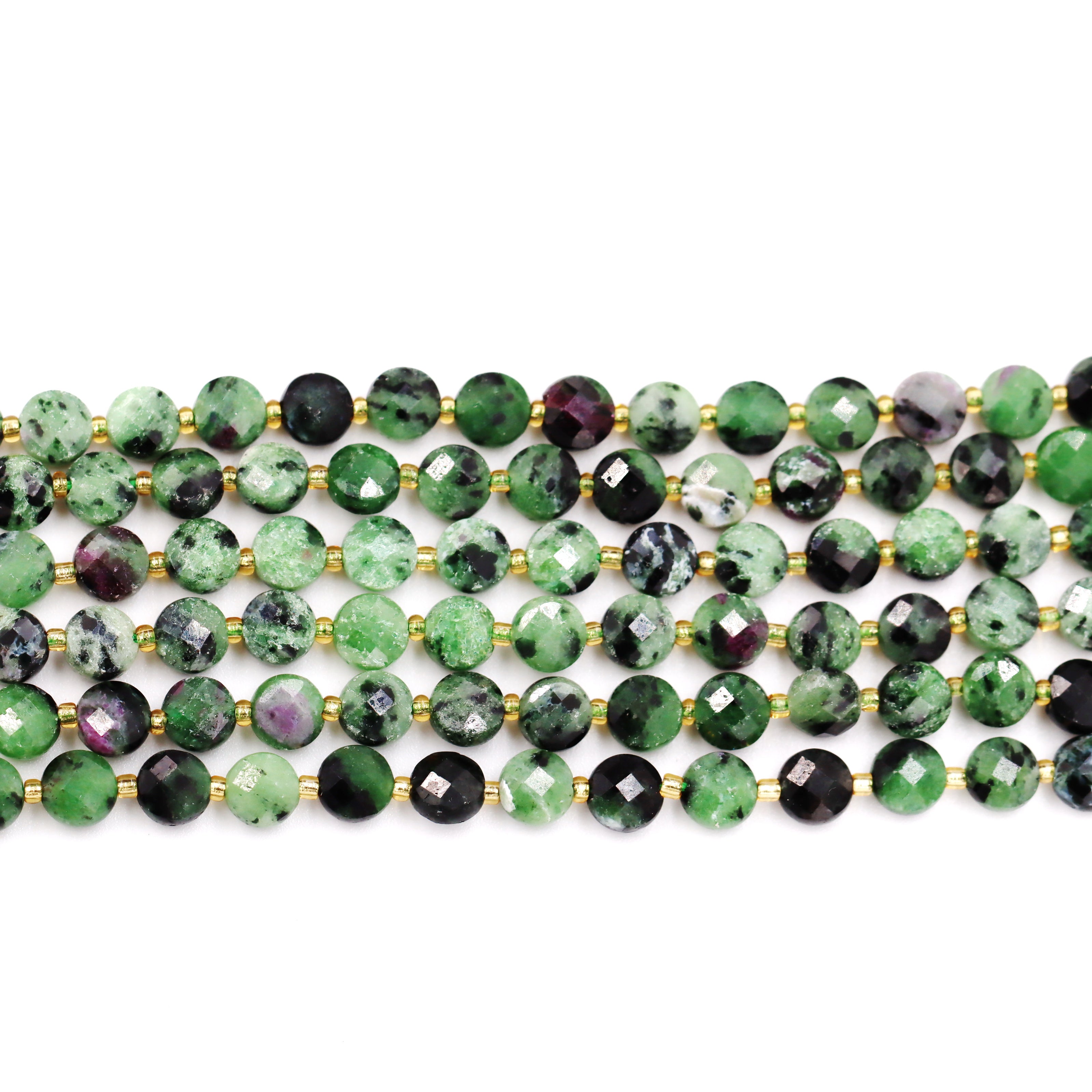 Malahill faceted flat round stone beads for jewelry making, sold per bag 5 strands inside, Ruby Zurite beads