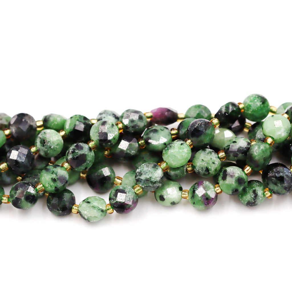 Malahill faceted flat round stone beads for jewelry making, sold per bag 5 strands inside, Ruby Zurite beads