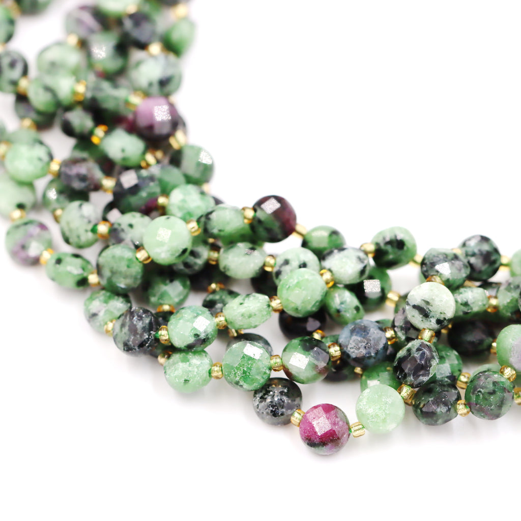 Malahill faceted flat round stone beads for jewelry making, sold per bag 5 strands inside, Ruby Zurite beads