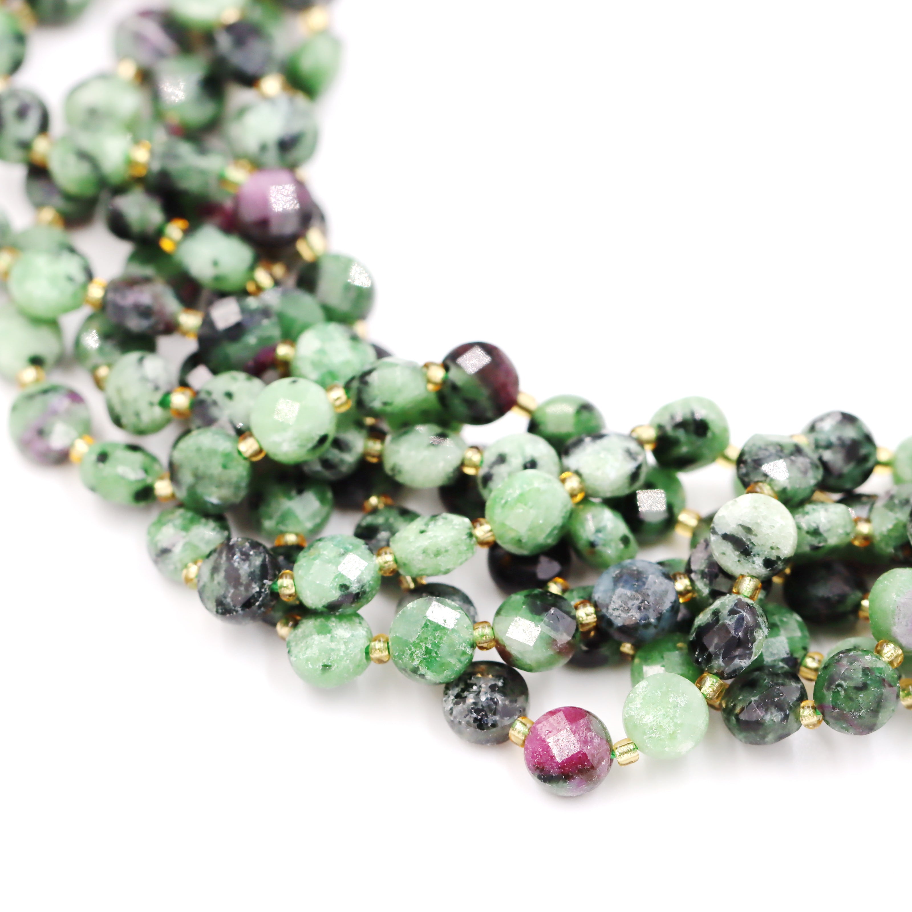 Malahill faceted flat round stone beads for jewelry making, sold per bag 5 strands inside, Ruby Zurite beads