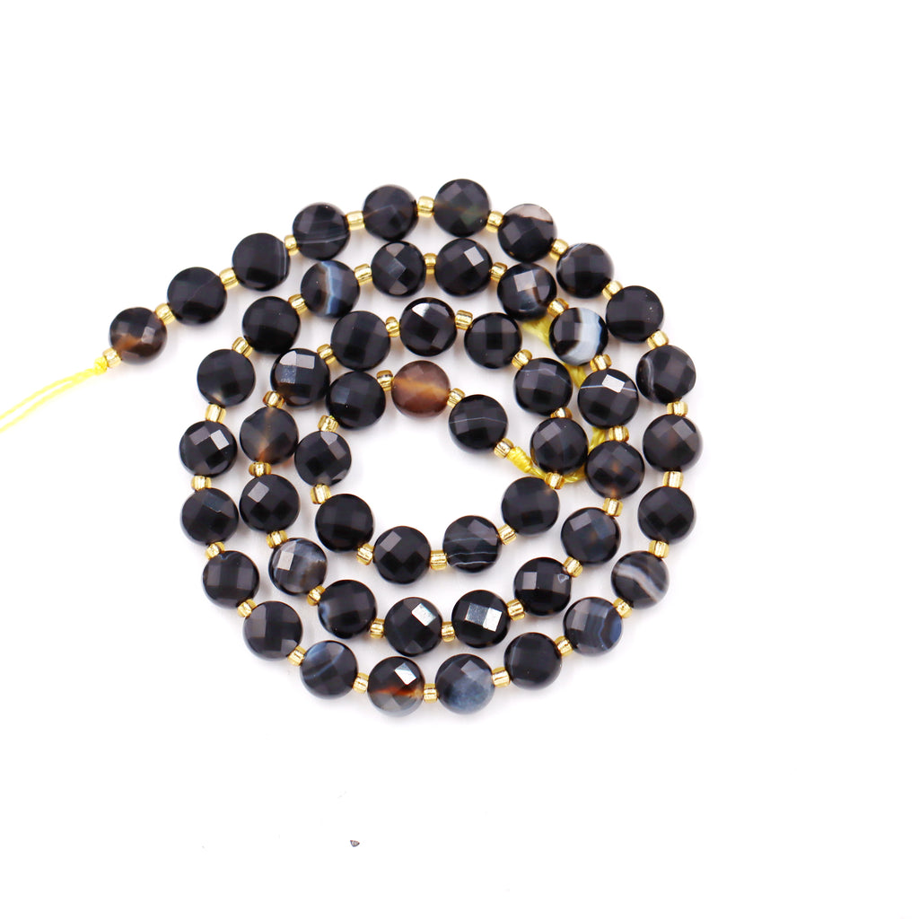 Malahill faceted flat round stone beads for jewelry making, sold per bag 5 strands inside, Black Stripe Onyx beads