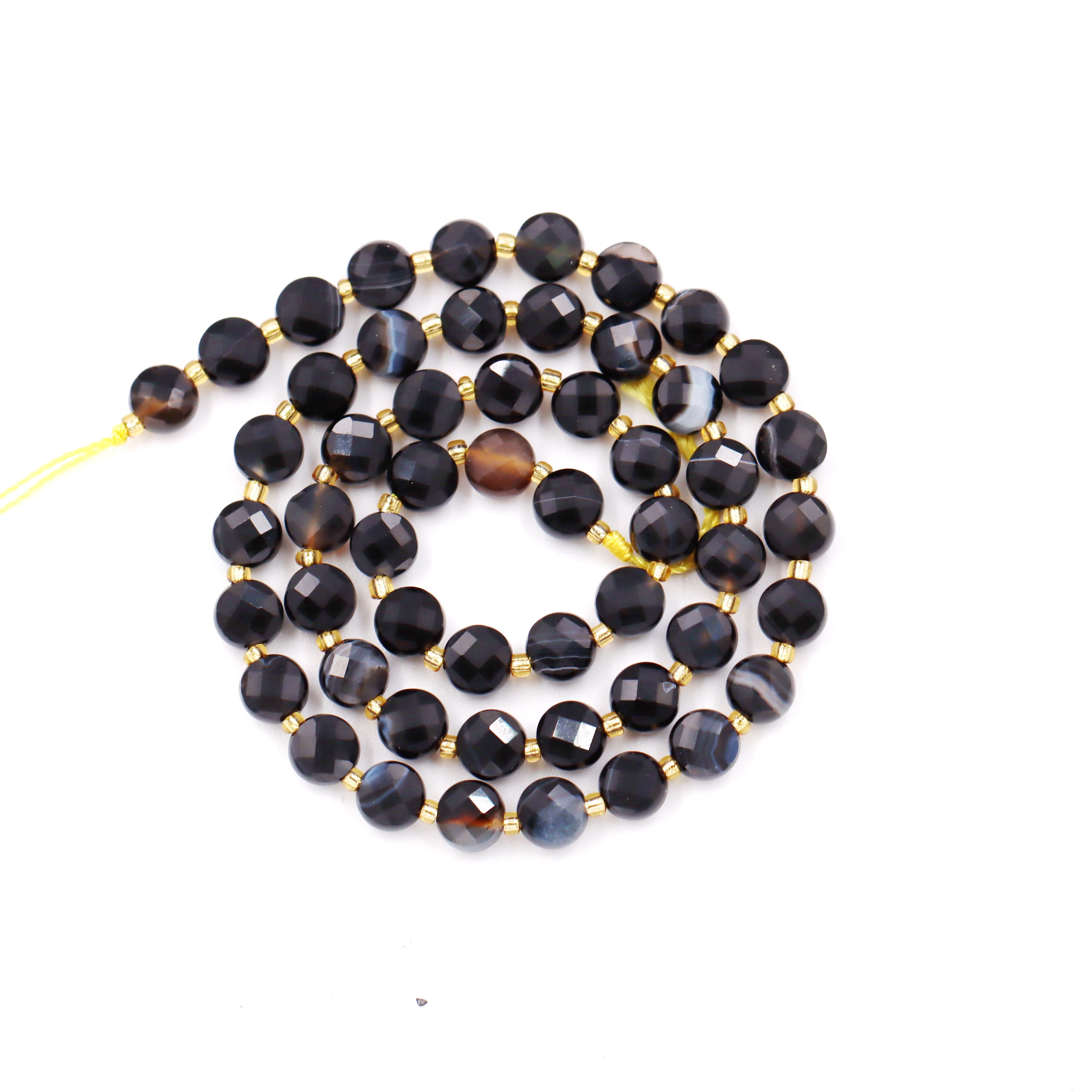 Malahill faceted flat round stone beads for jewelry making, sold per bag 5 strands inside, Black Stripe Onyx beads