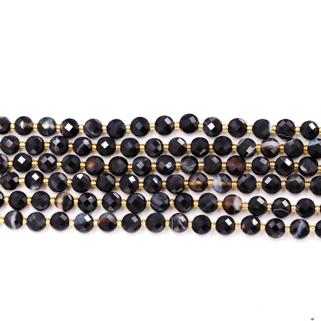 Malahill faceted flat round stone beads for jewelry making, sold per bag 5 strands inside, Black Stripe Onyx beads