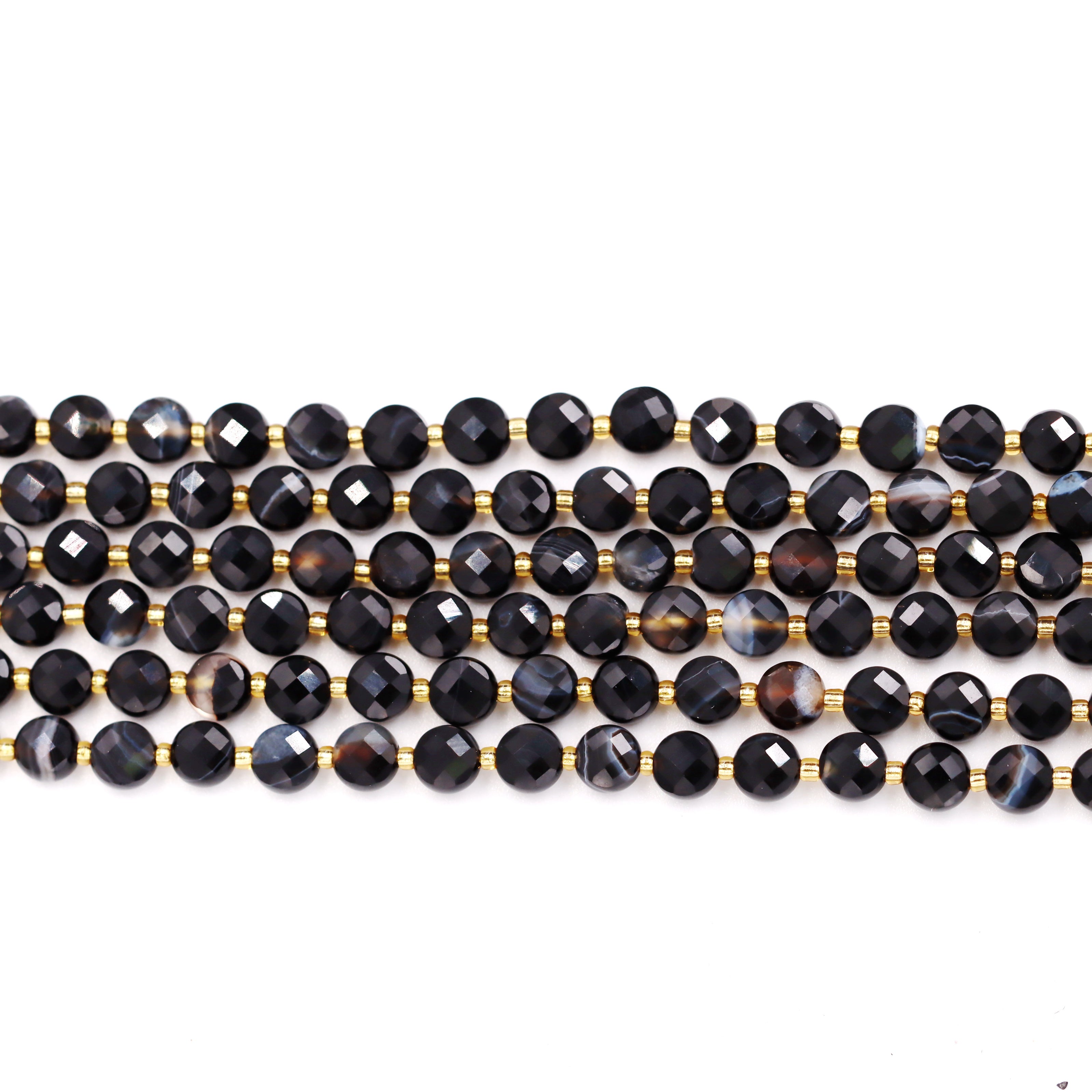 Malahill faceted flat round stone beads for jewelry making, sold per bag 5 strands inside, Black Stripe Onyx beads