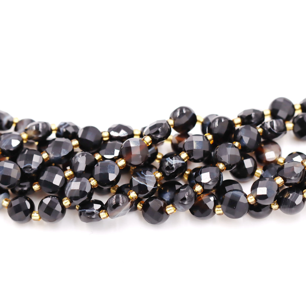 Malahill faceted flat round stone beads for jewelry making, sold per bag 5 strands inside, Black Stripe Onyx beads