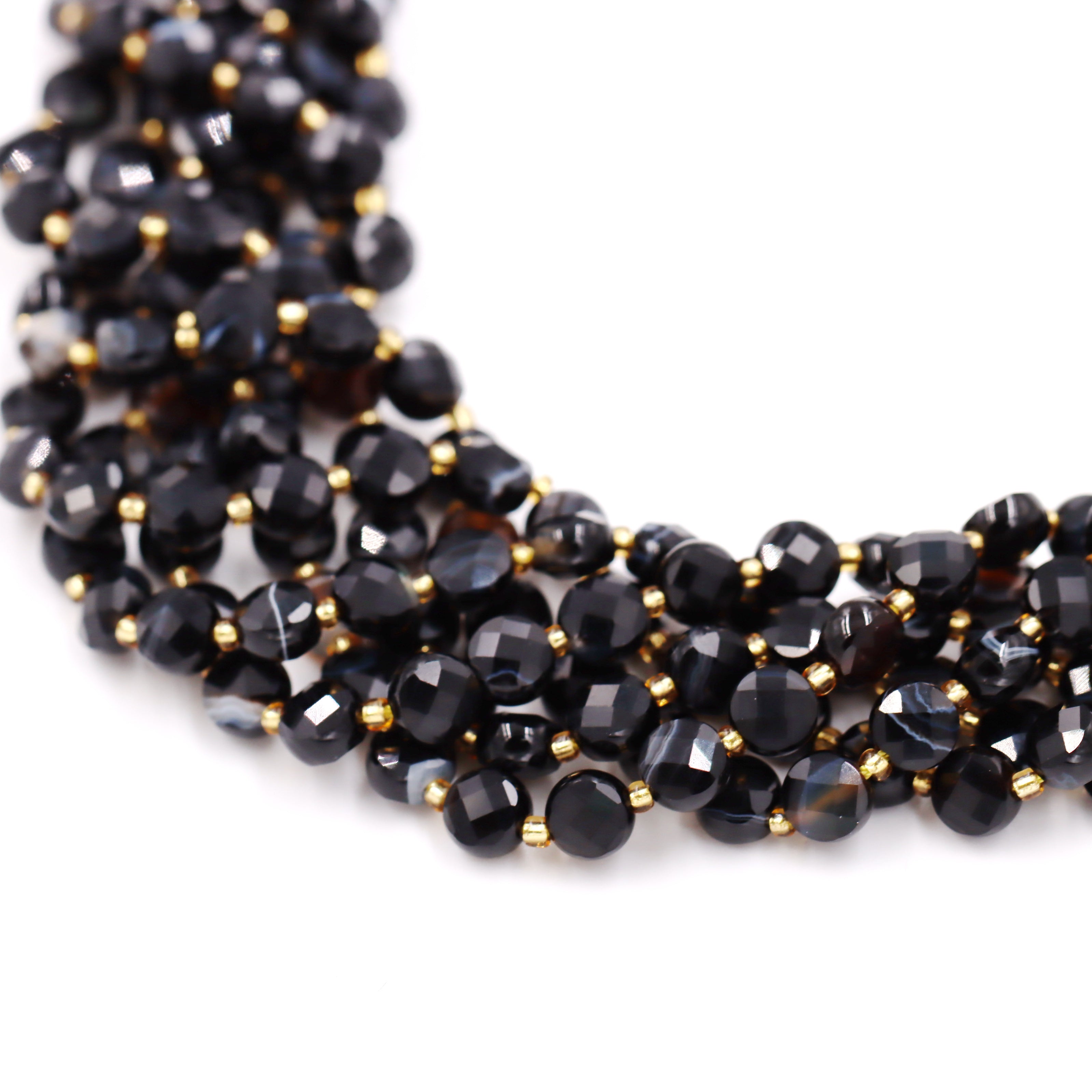 Malahill faceted flat round stone beads for jewelry making, sold per bag 5 strands inside, Black Stripe Onyx beads