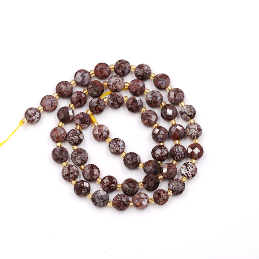 Malahill faceted flat round stone beads for jewelry making, sold per bag 5 strands inside, China Snowflake Obsidian beads