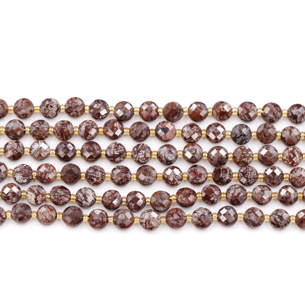 Malahill faceted flat round stone beads for jewelry making, sold per bag 5 strands inside, China Snowflake Obsidian beads