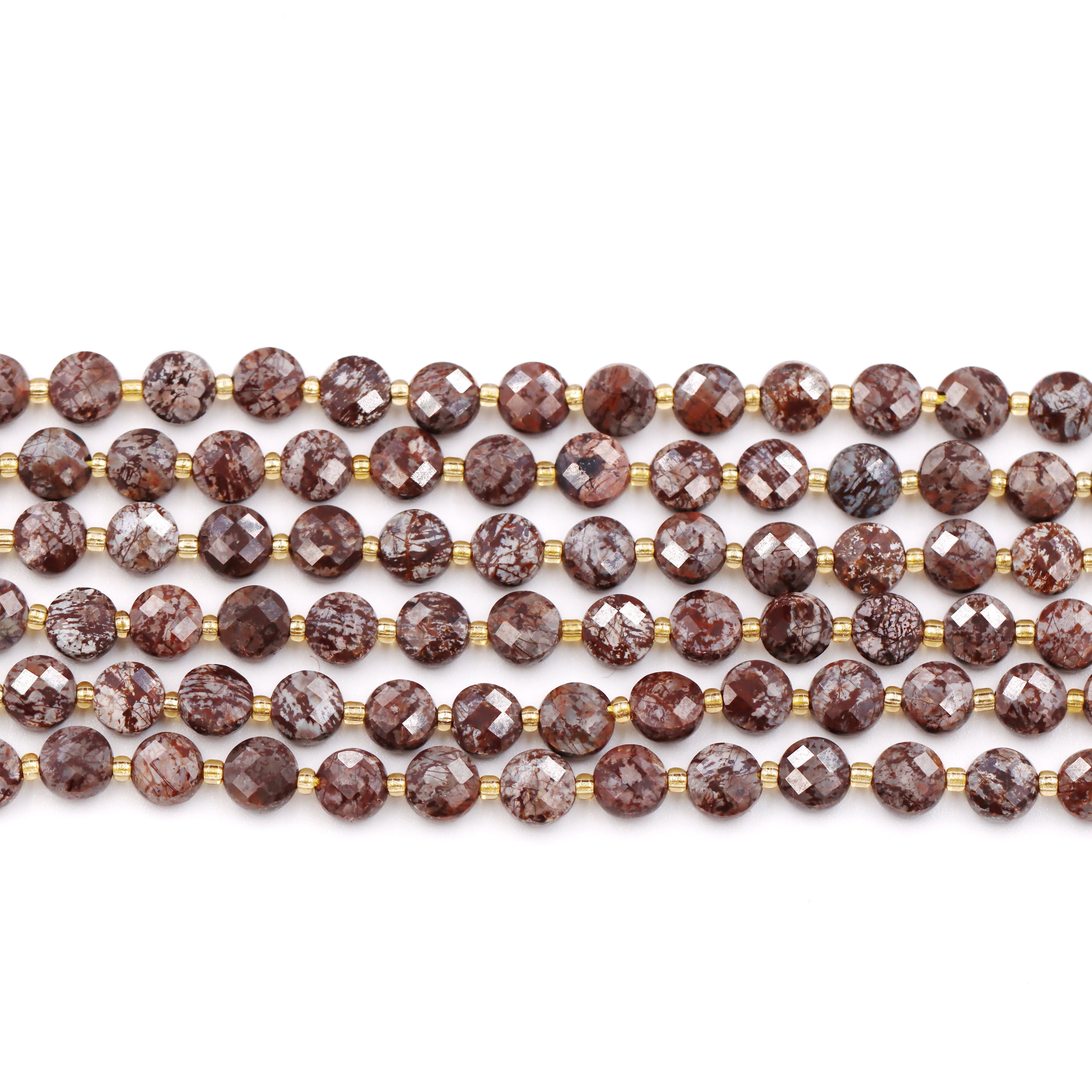 Malahill faceted flat round stone beads for jewelry making, sold per bag 5 strands inside, China Snowflake Obsidian beads