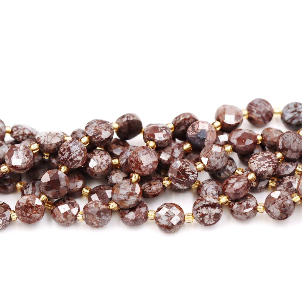 Malahill faceted flat round stone beads for jewelry making, sold per bag 5 strands inside, China Snowflake Obsidian beads