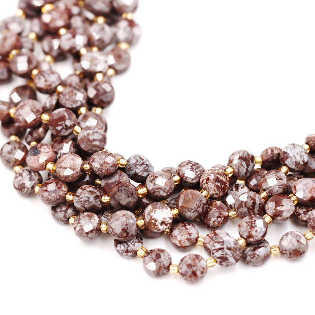 Malahill faceted flat round stone beads for jewelry making, sold per bag 5 strands inside, China Snowflake Obsidian beads