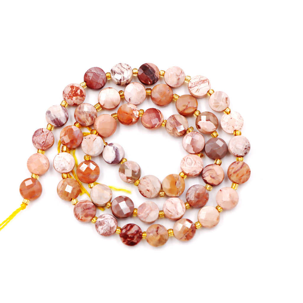 Malahill faceted flat round stone beads for jewelry making, sold per bag 5 strands inside, Petrified Wood AB beads