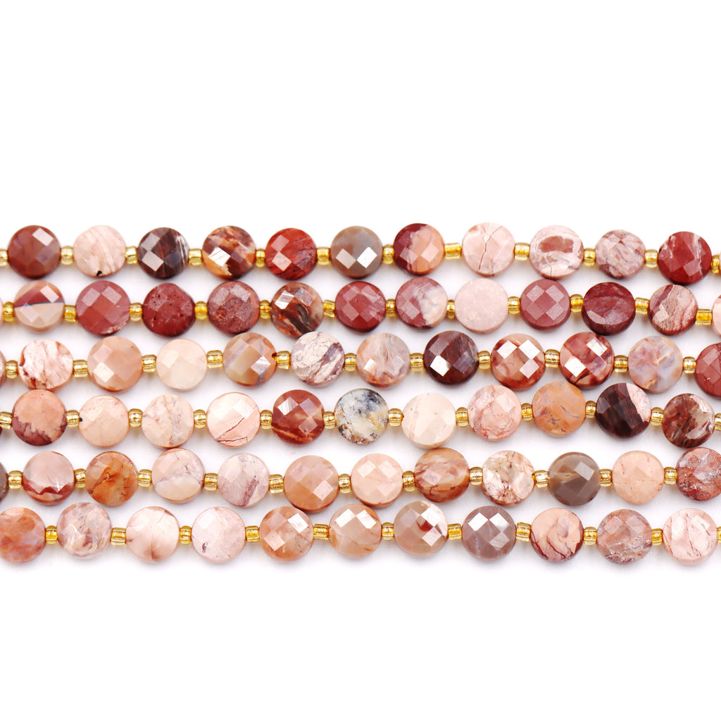 Malahill faceted flat round stone beads for jewelry making, sold per bag 5 strands inside, Petrified Wood AB beads