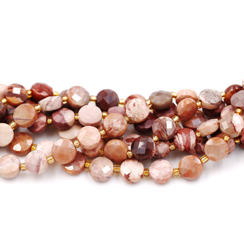 Malahill faceted flat round stone beads for jewelry making, sold per bag 5 strands inside, Petrified Wood AB beads