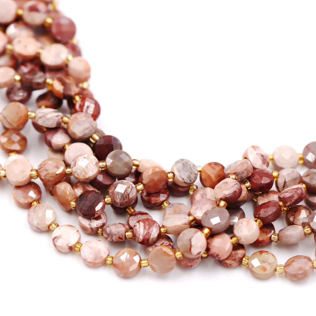 Malahill faceted flat round stone beads for jewelry making, sold per bag 5 strands inside, Petrified Wood AB beads