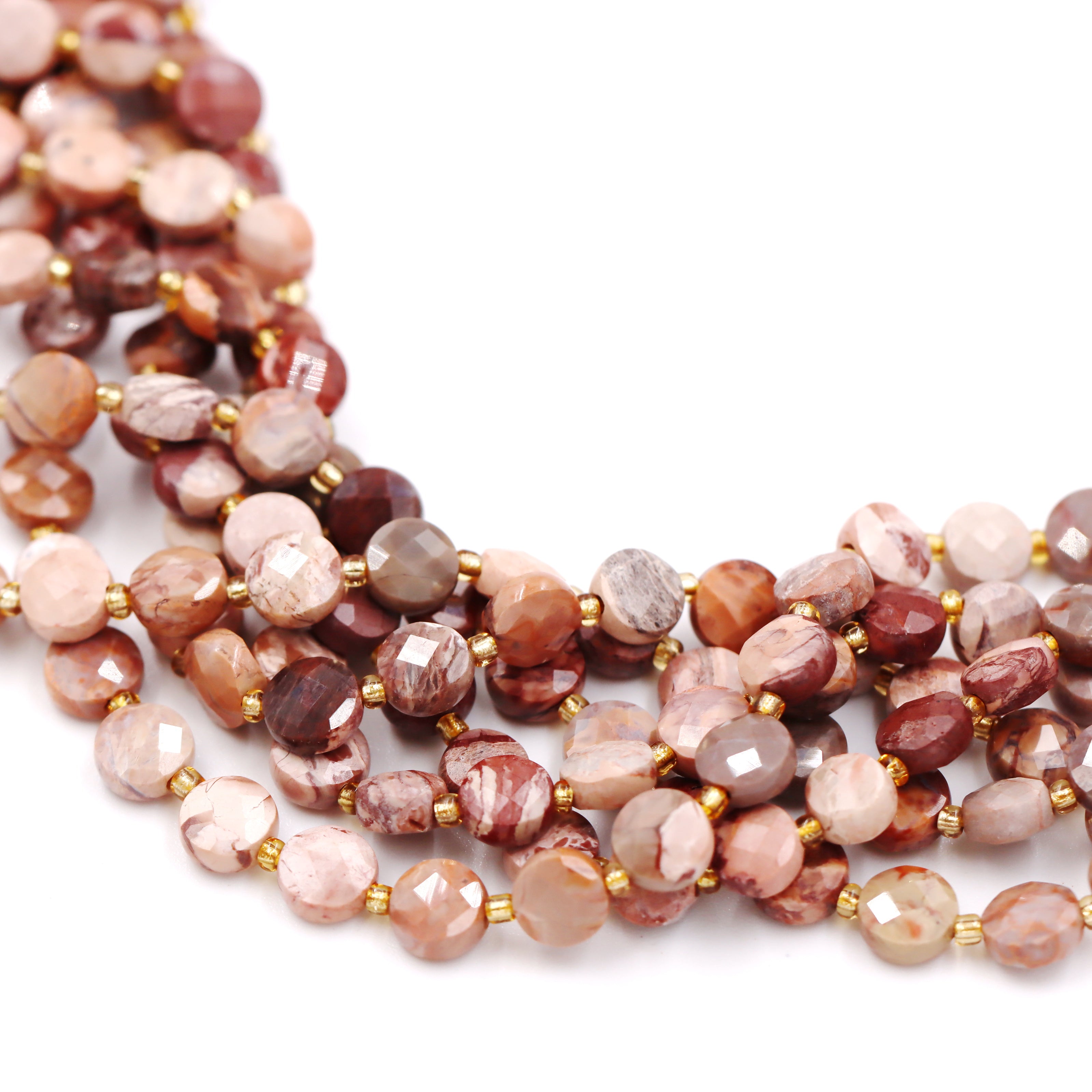 Malahill faceted flat round stone beads for jewelry making, sold per bag 5 strands inside, Petrified Wood AB beads