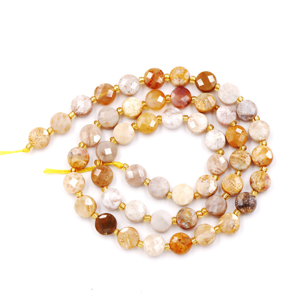 Malahill faceted flat round stone beads for jewelry making, sold per bag 5 strands inside, Coral Fossil beads