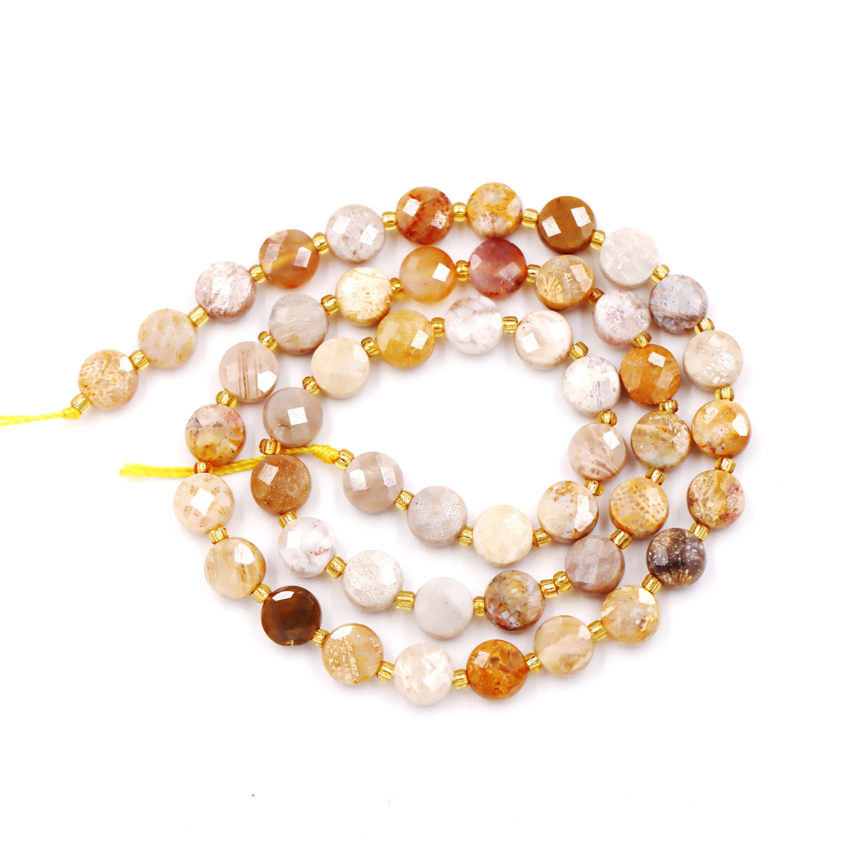 Malahill faceted flat round stone beads for jewelry making, sold per bag 5 strands inside, Coral Fossil beads