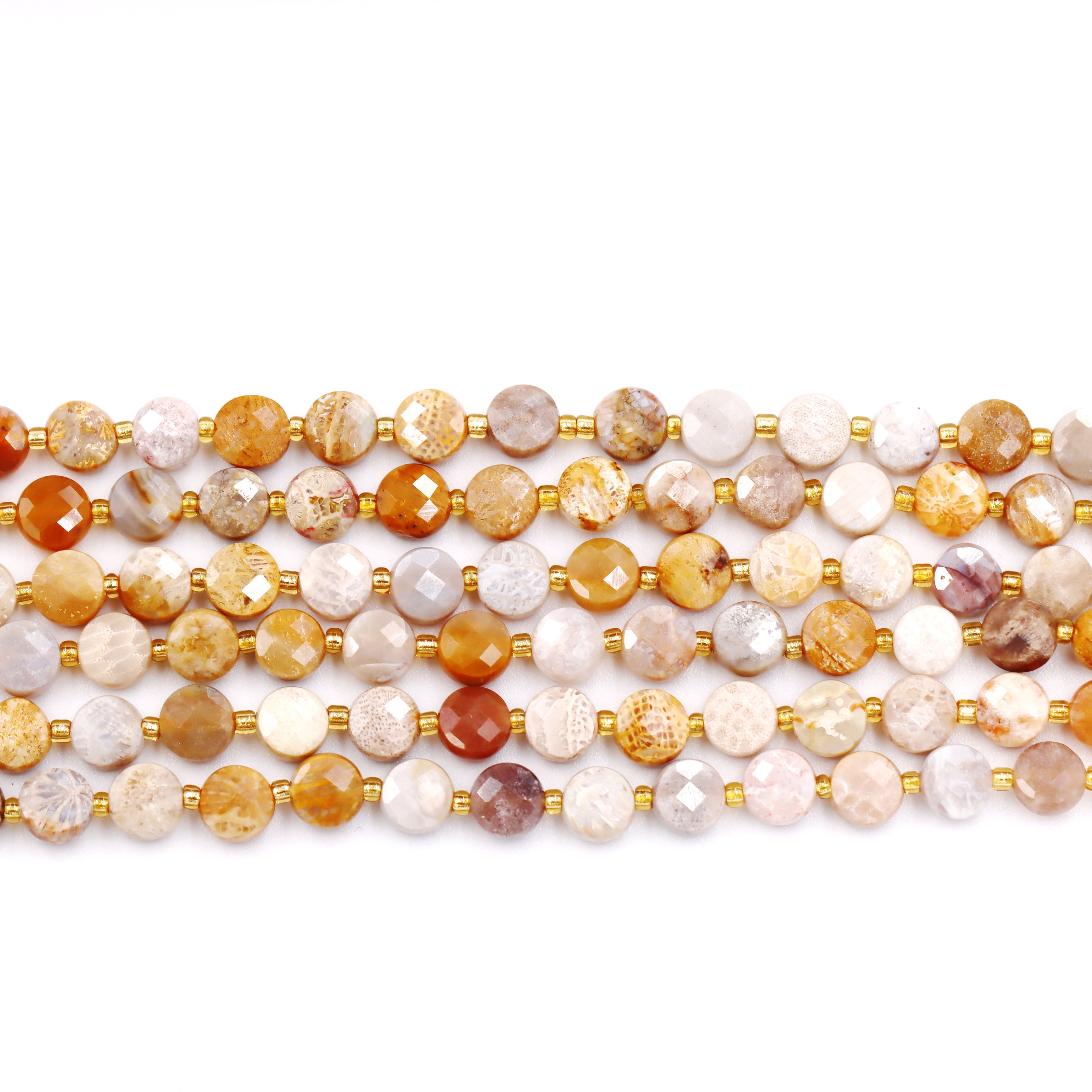 Malahill faceted flat round stone beads for jewelry making, sold per bag 5 strands inside, Coral Fossil beads