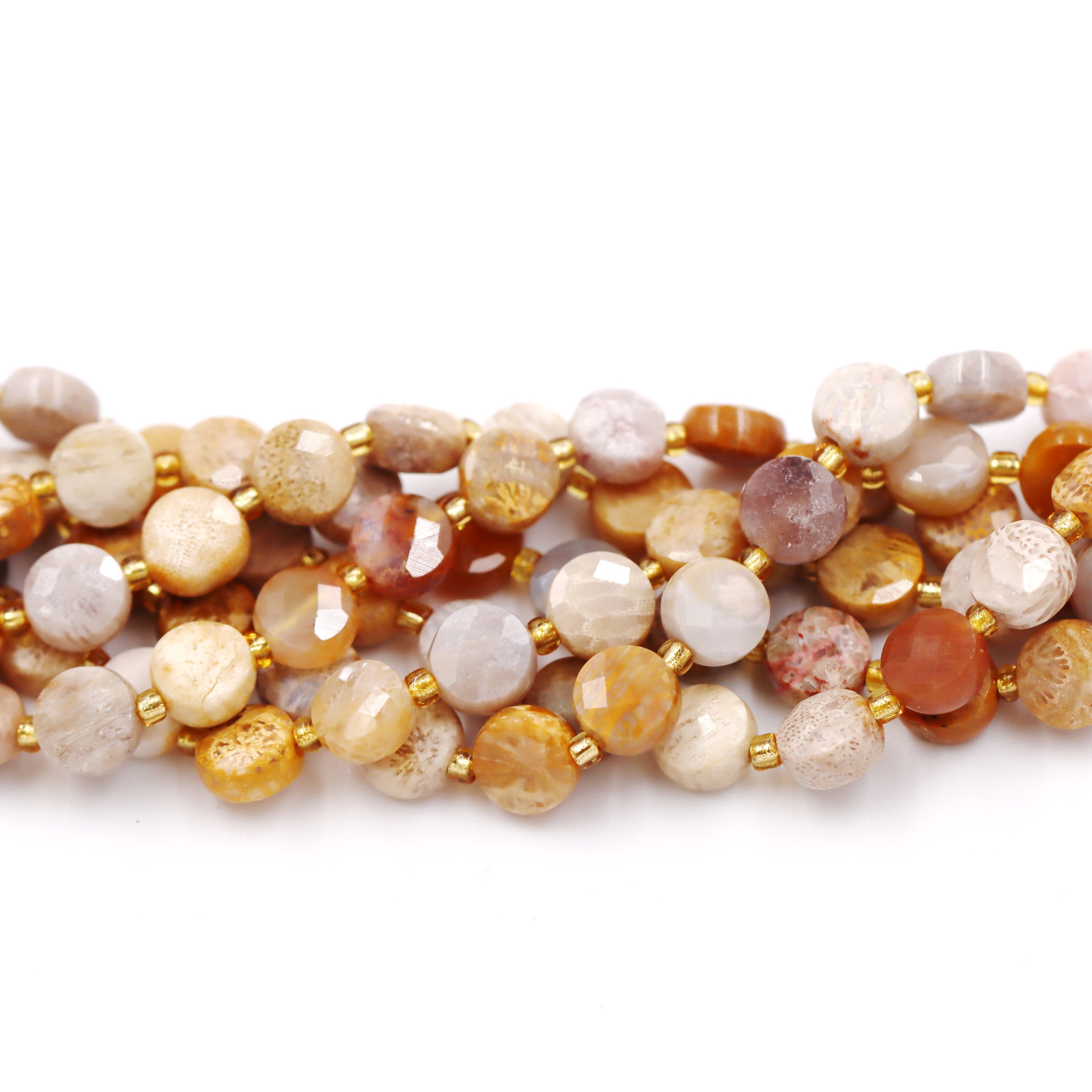 Malahill faceted flat round stone beads for jewelry making, sold per bag 5 strands inside, Coral Fossil beads