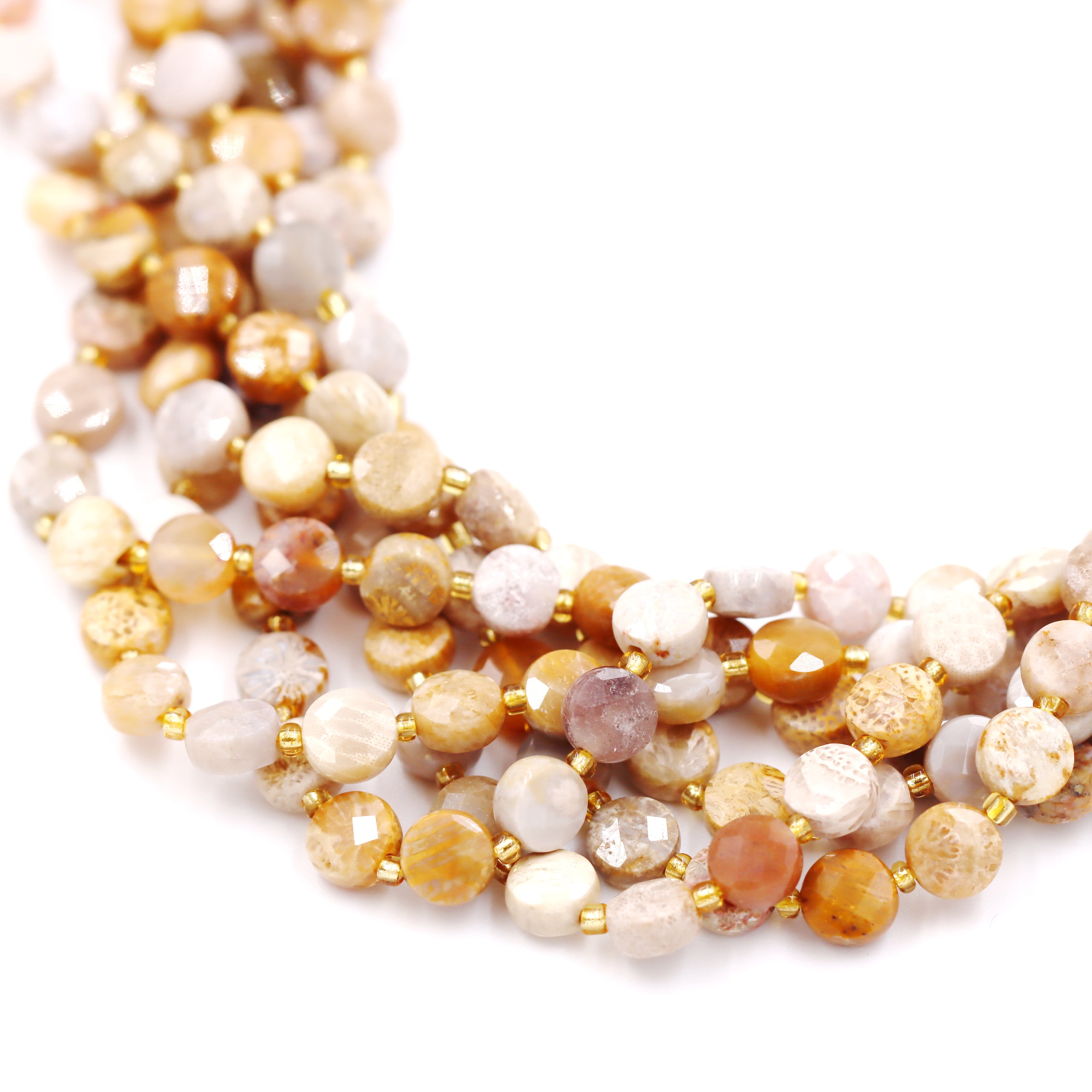 Malahill faceted flat round stone beads for jewelry making, sold per bag 5 strands inside, Coral Fossil beads