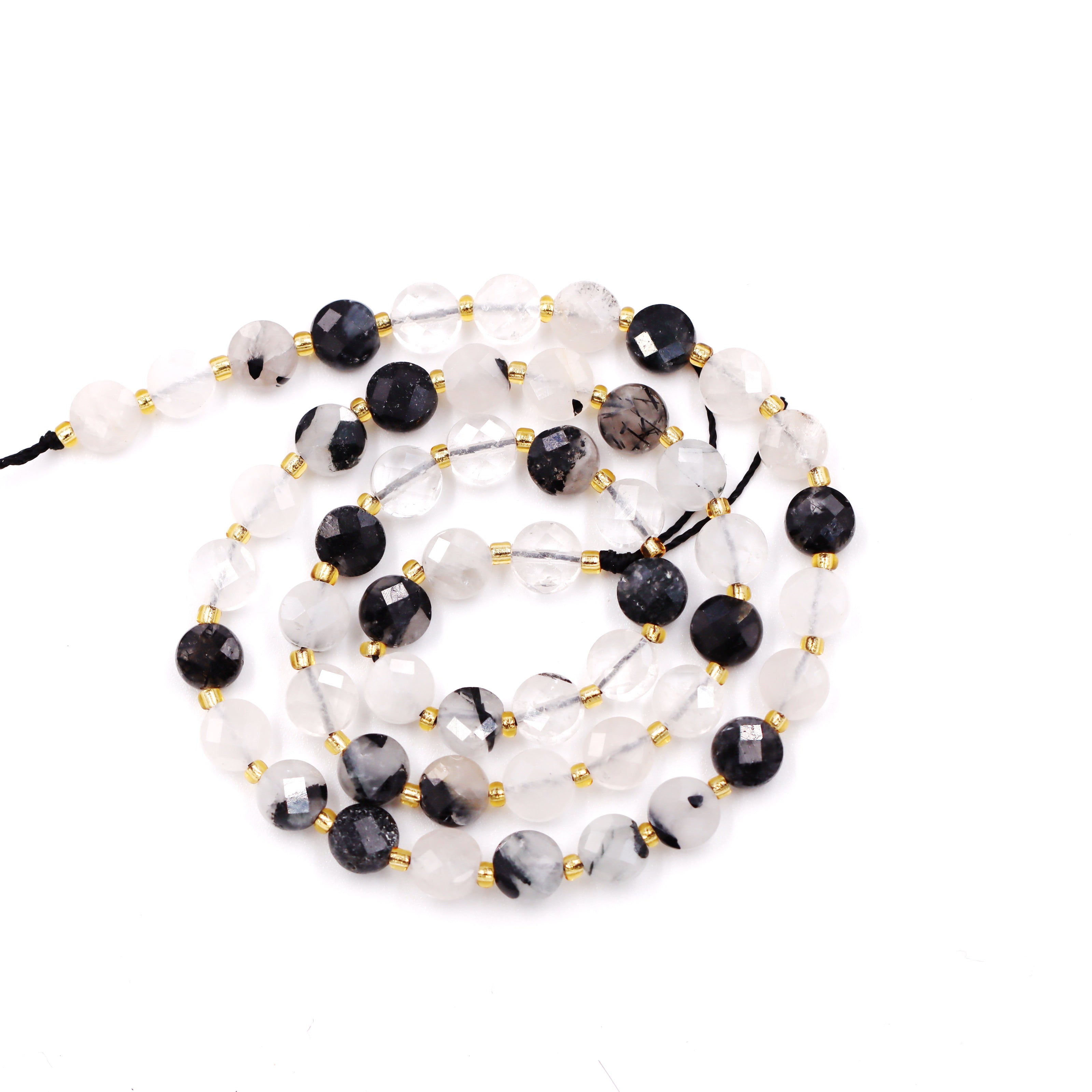 Malahill faceted flat round stone beads for jewelry making, sold per bag 5 strands inside, Black Rutilated Quartz beads