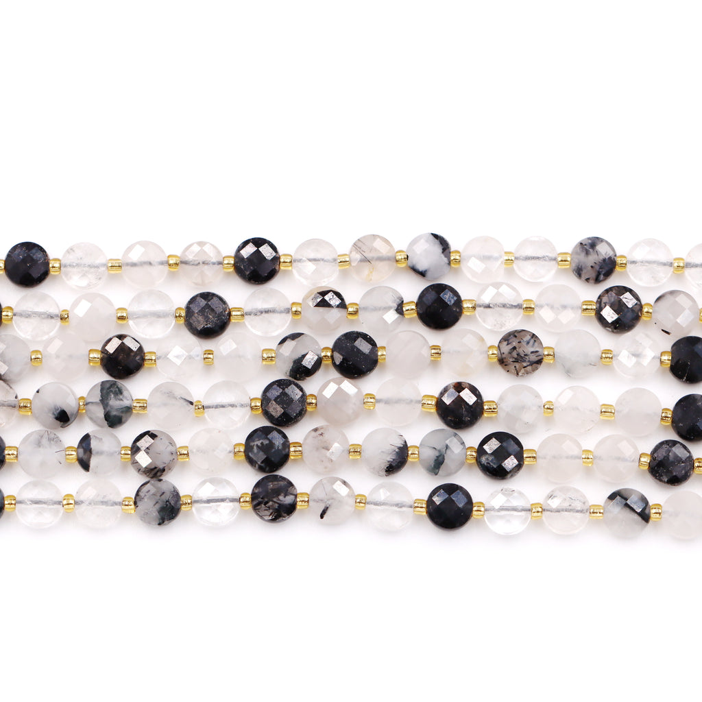Malahill faceted flat round stone beads for jewelry making, sold per bag 5 strands inside, Black Rutilated Quartz beads