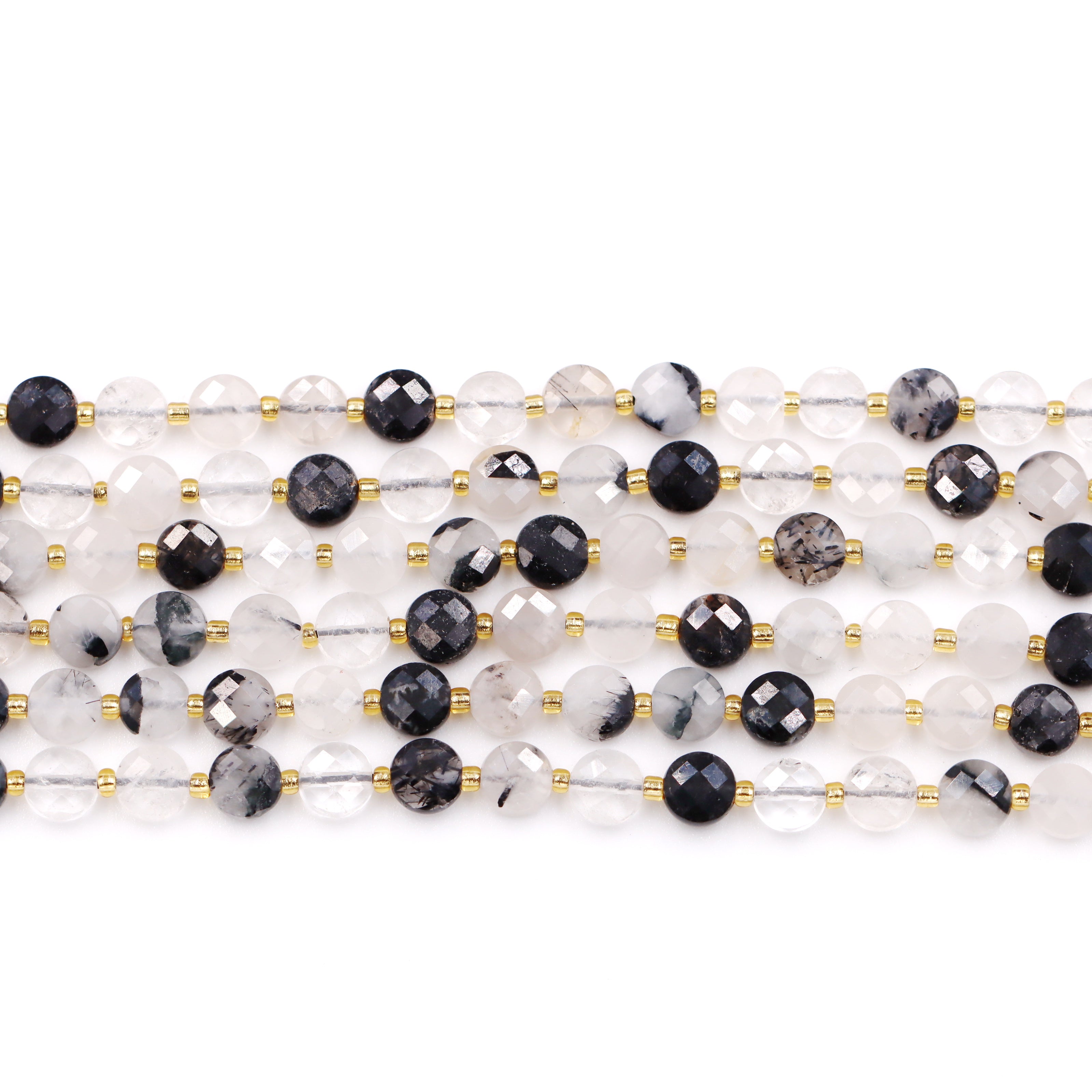 Malahill faceted flat round stone beads for jewelry making, sold per bag 5 strands inside, Black Rutilated Quartz beads