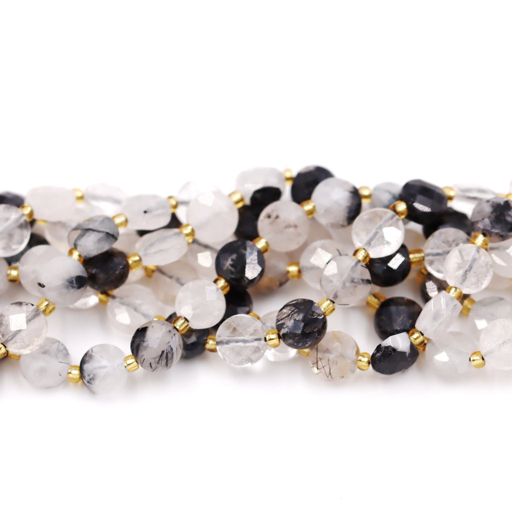 Malahill faceted flat round stone beads for jewelry making, sold per bag 5 strands inside, Black Rutilated Quartz beads