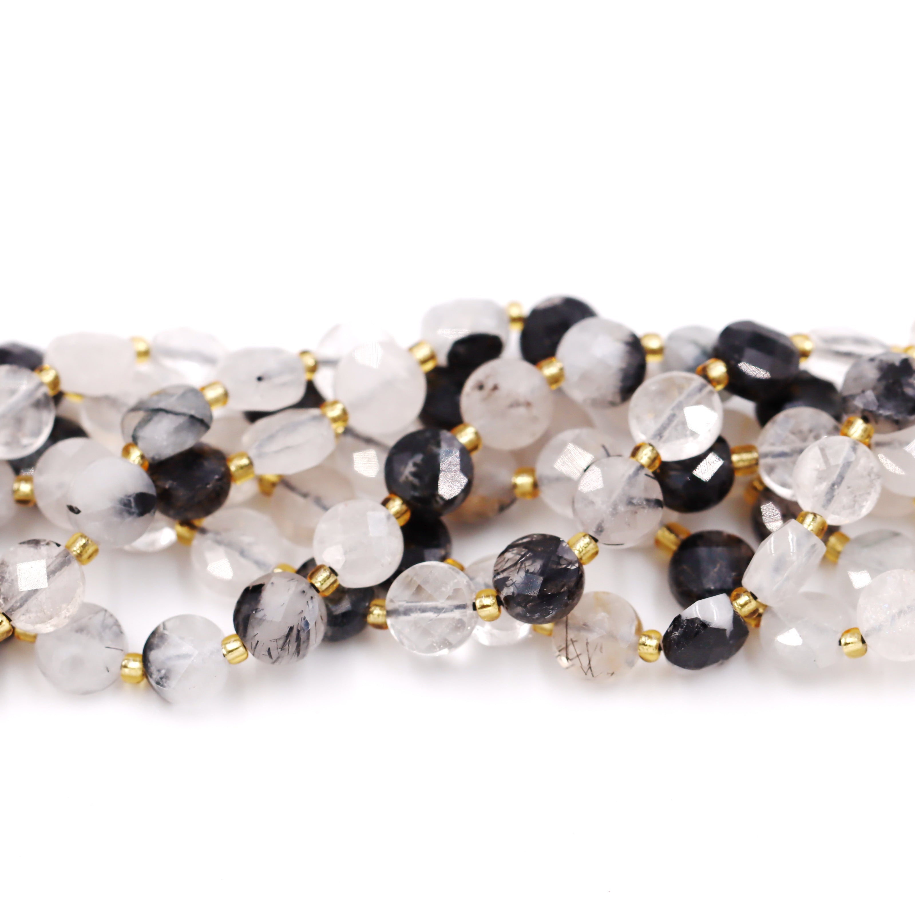 Malahill faceted flat round stone beads for jewelry making, sold per bag 5 strands inside, Black Rutilated Quartz beads