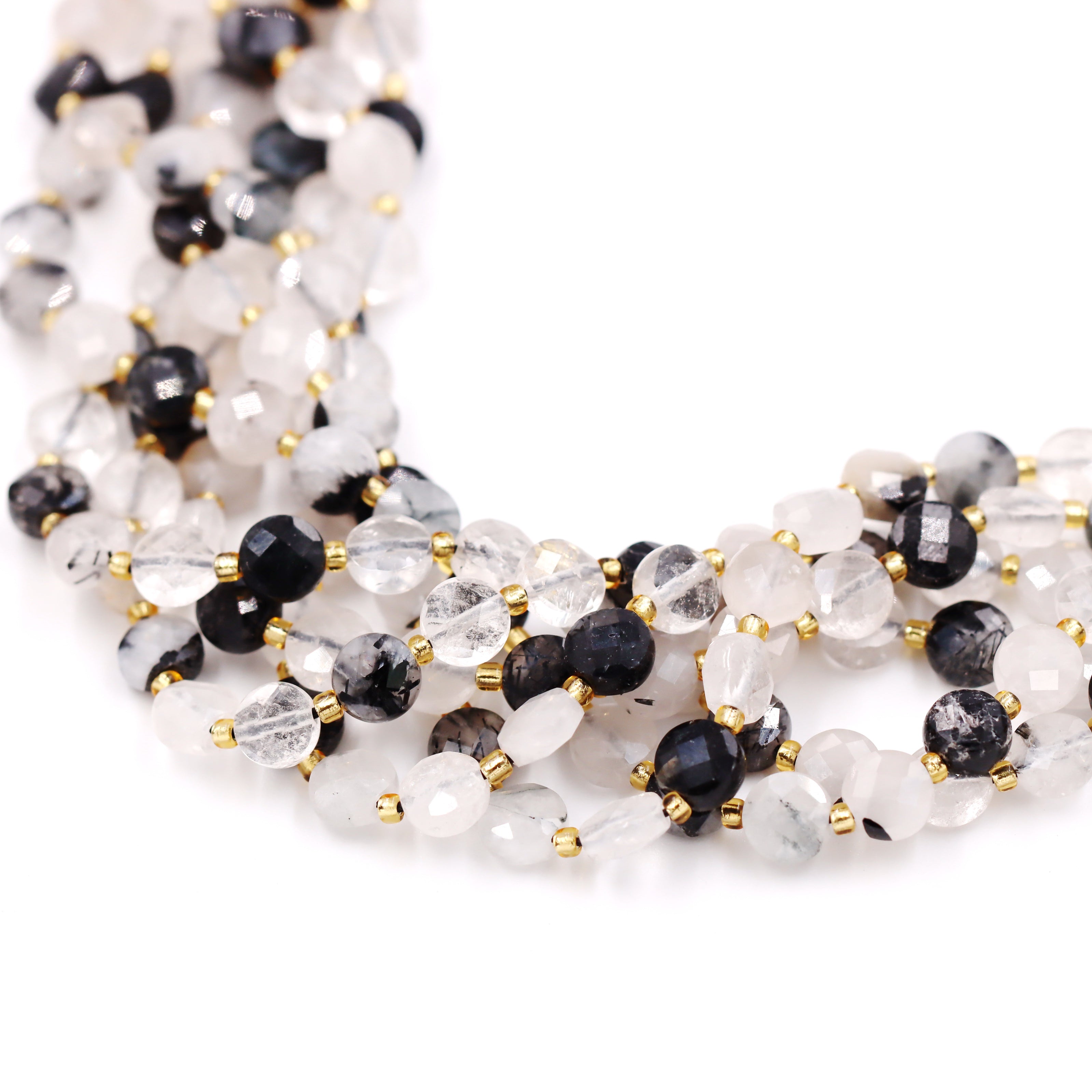 Malahill faceted flat round stone beads for jewelry making, sold per bag 5 strands inside, Black Rutilated Quartz beads