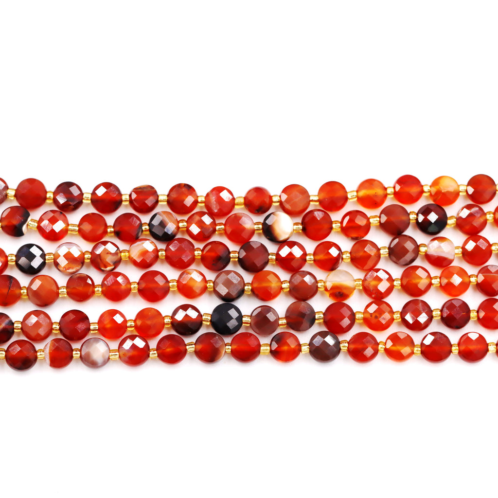 Malahill faceted flat round stone beads for jewelry making, sold per bag 5 strands inside, Red Agate beads