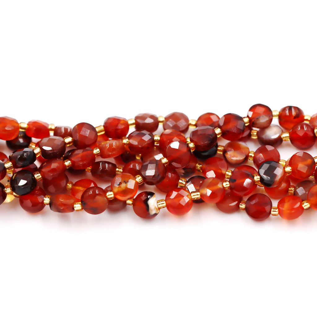 Malahill faceted flat round stone beads for jewelry making, sold per bag 5 strands inside, Red Agate beads