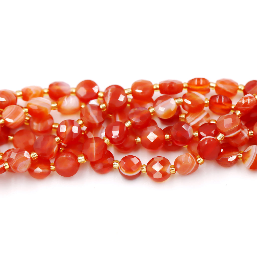 Malahill faceted flat round stone beads for jewelry making, sold per bag 5 strands inside, Red Carnelian beads
